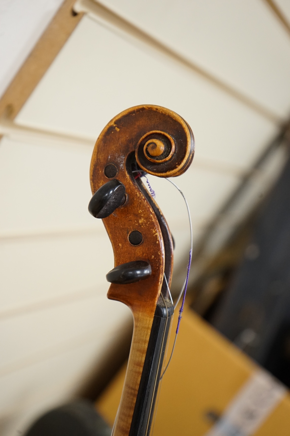 An 18th century violin after Klotz school, 36cm body, with a well cut scroll and an Hill reference number (1191) to the bottom end of the fingerboard, in a Rushworth and Draper case.